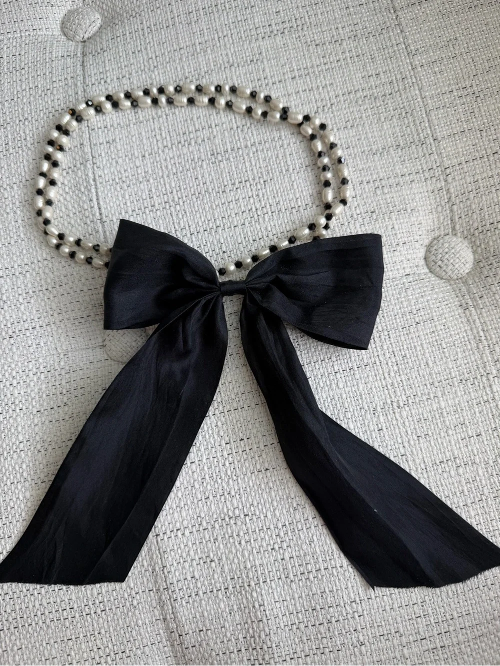 J. Crew Pearl Bead Necklace with Black Ribbon Bow